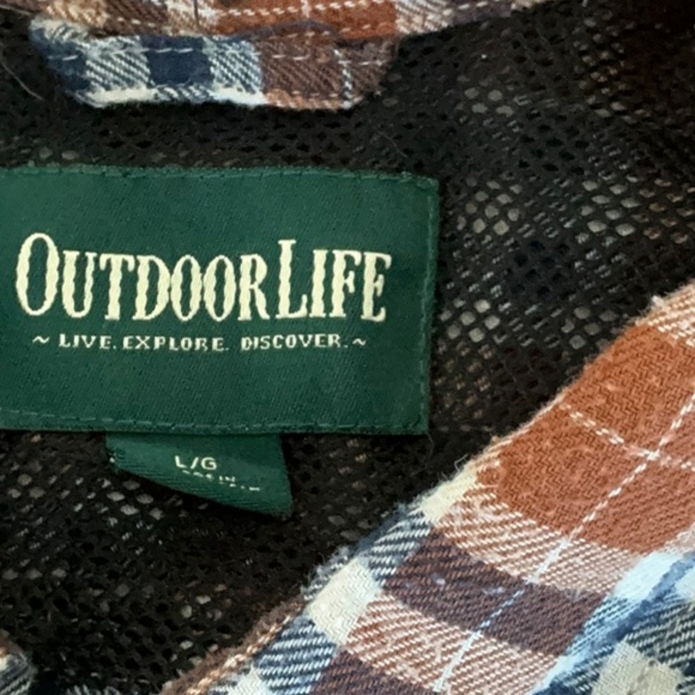 Outdoor Life Plaid Flannel Shirt Brown Blue White Long Sleeve Button Up Large - Picture 2 of 5